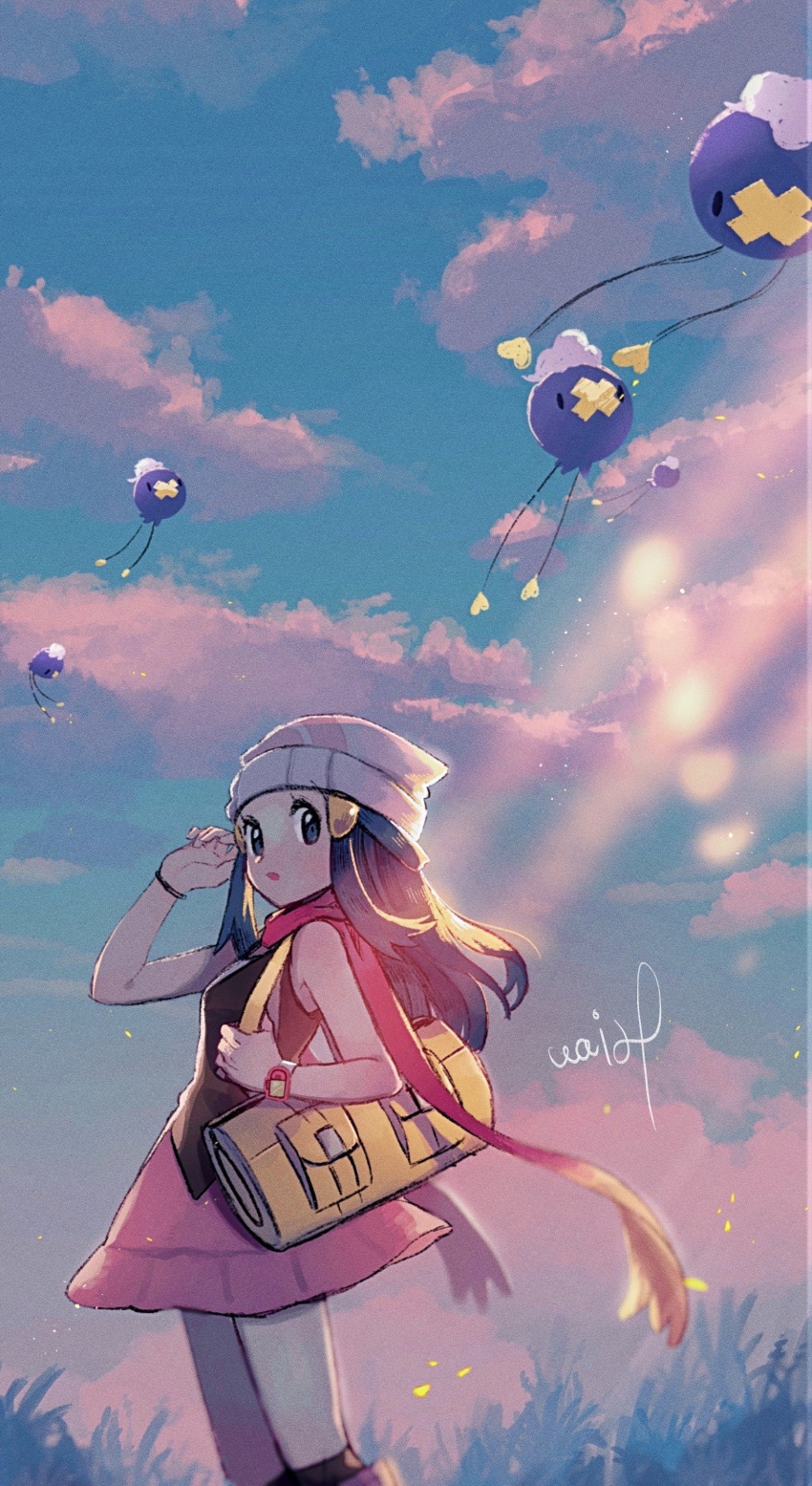 1girl absurdres bag beanie black_hair black_shirt boots bracelet clouds commentary_request day drifloon duffel_bag eyelashes from_side hair_ornament hairclip hanenbo hat highres hikari_(pokemon) jewelry long_hair outdoors pink_footwear pink_skirt pokemon pokemon_(creature) pokemon_(game) pokemon_dppt poketch red_scarf scarf shirt sidelocks signature skirt sky sleeveless sleeveless_shirt standing watch watch white_headwear yellow_bag