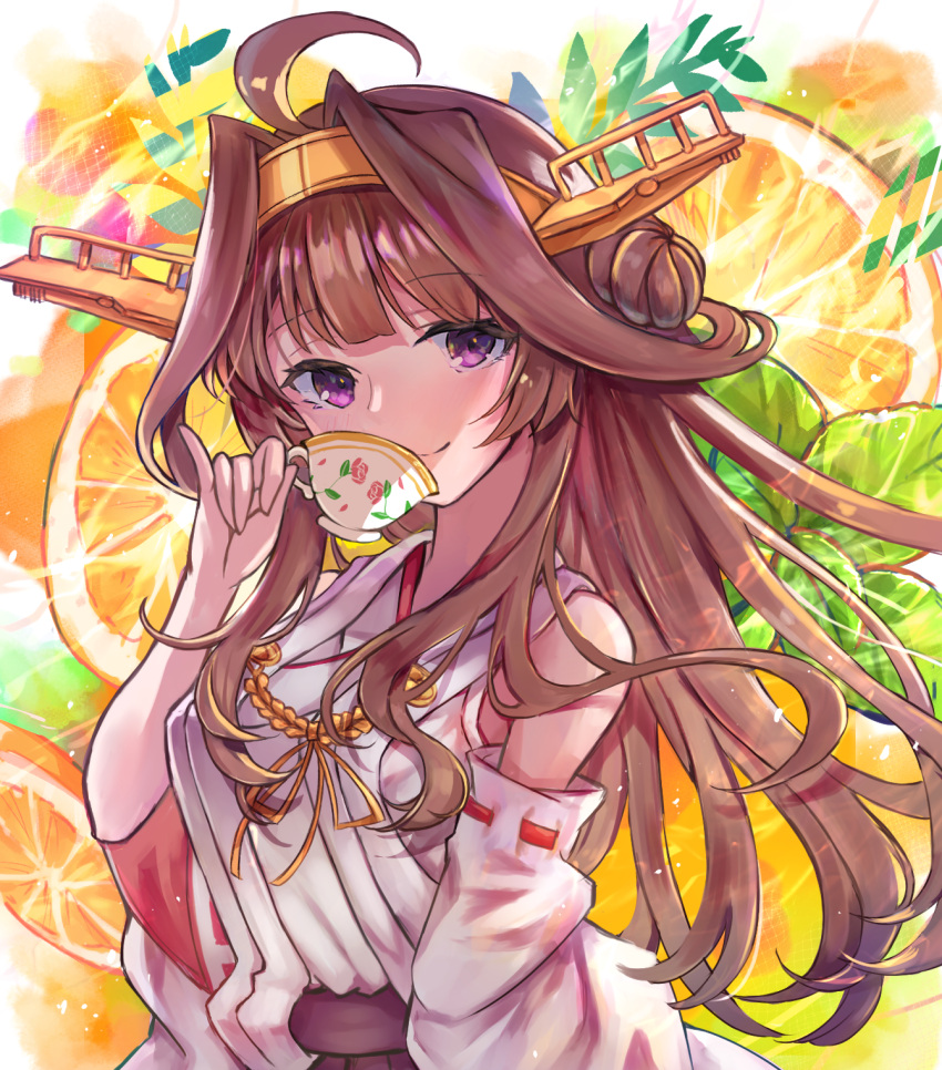 1girl ahoge breasts brown_hair cup detached_sleeves double_bun hairband headgear highres holding holding_cup japanese_clothes kantai_collection kongou_(kancolle) long_hair medium_breasts nontraditional_miko remodel_(kantai_collection) ribbon-trimmed_sleeves ribbon_trim solo teacup upper_body violet_eyes wide_sleeves womisoba
