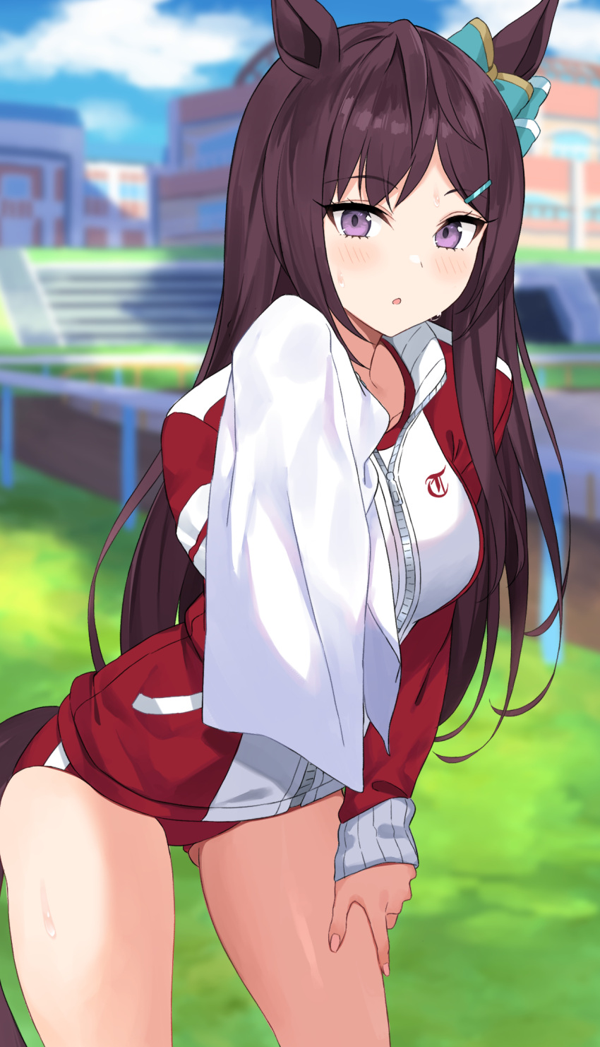 1girl animal_ears asato_(fadeless) ass_visible_through_thighs bangs blurry blurry_background blush buruma cowboy_shot day hand_on_own_thigh highres holding holding_towel horse_ears horse_girl horse_tail jacket leaning_forward long_hair long_sleeves looking_at_viewer mejiro_dober_(umamusume) outdoors parted_lips purple_hair red_jacket school solo sweat tail towel track_jacket umamusume violet_eyes