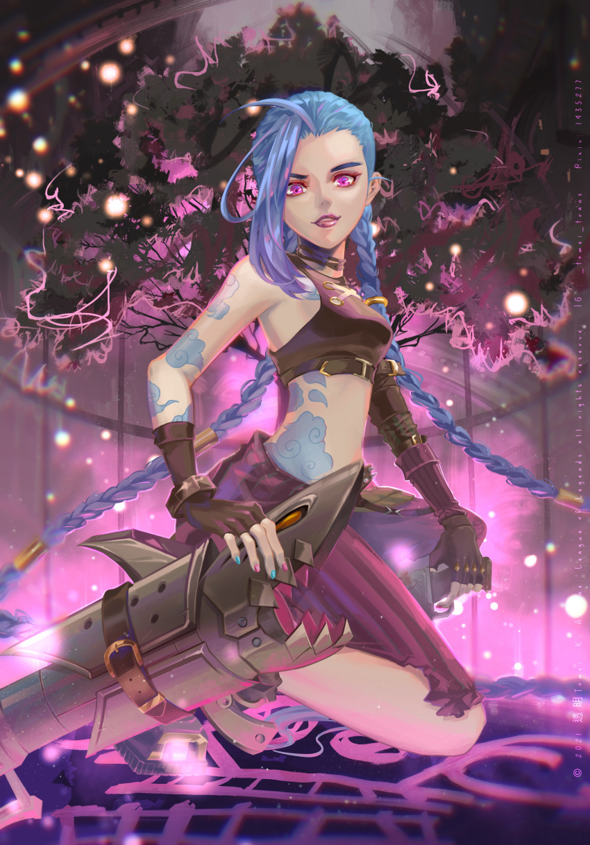 1girl absurdres arcane:_league_of_legends arcane_jinx arm_tattoo asymmetrical_bangs bangs bare_shoulders blue_hair blurry blurry_background braid breasts brown_choker brown_gloves choker closed_mouth cloud_tattoo crop_top english_commentary fingerless_gloves gloves highres jinx_(league_of_legends) league_of_legends long_hair looking_at_viewer medium_breasts pants parted_lips pink_pants red_lips rocket_launcher shiny shiny_hair shoulder_tattoo smile solo striped striped_pants tattoo transparent_(artist) tree twin_braids weapon