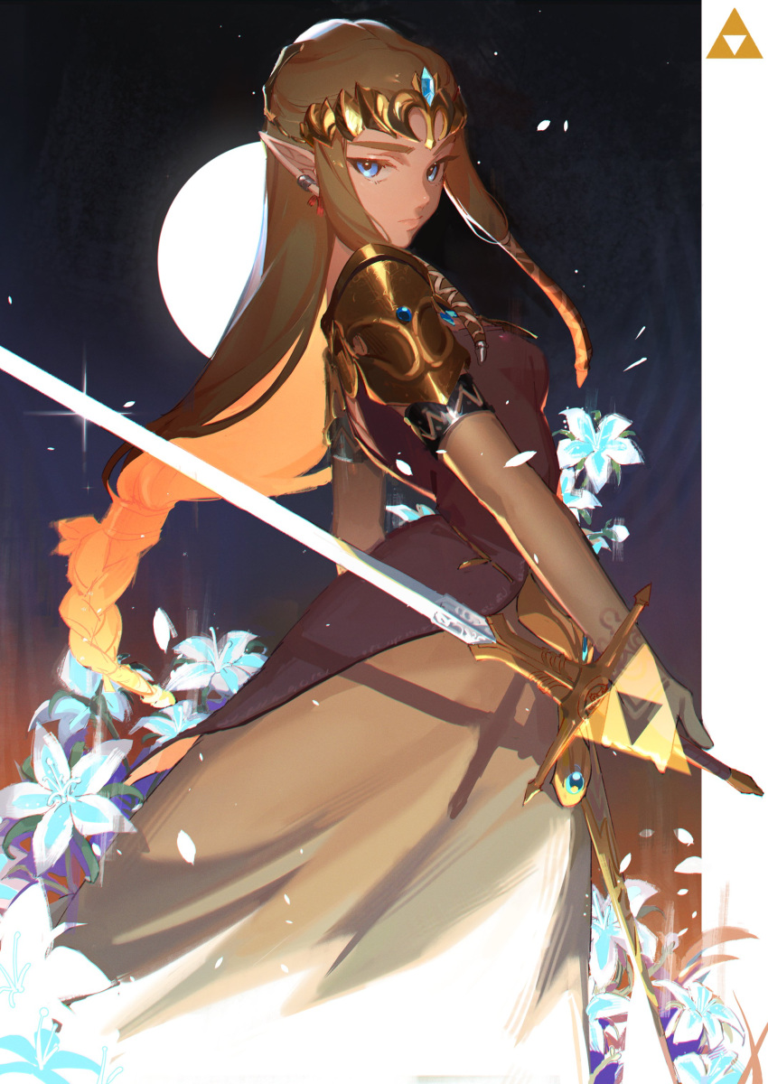 1girl absurdres armor blue_eyes brown_hair dress elbow_gloves flower gloves hair_ornament highres holding holding_sword holding_weapon kkaags long_hair looking_at_viewer moon pointy_ears princess_zelda shoulder_armor solo sword the_legend_of_zelda the_legend_of_zelda:_twilight_princess triforce weapon white_gloves