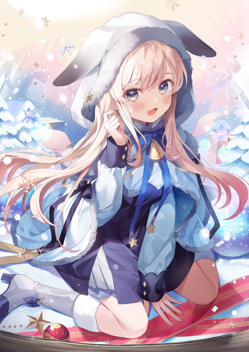 1girl adjusting_hair amamori_naco animal_ears bell blanche_fleur blonde_hair blue_bow blue_bowtie blue_dress blue_eyes bow bowtie box breasts dress eyebrows_visible_through_hair floating_hair gift gift_box hand_on_ground hand_up high_heels highres impossible_clothes kanda_done large_breasts long_hair looking_at_viewer looking_to_the_side neck_bell open_mouth pink_background pink_wings red_ribbon ribbon seiza sitting smile snowflakes thighs tree wings