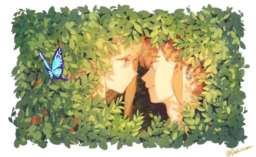 1boy 1girl bangs blue_butterfly blue_eyes border bug butterfly earrings eye_contact highres jewelry link long_hair looking_at_another parted_lips princess_zelda profile shikiri smile teeth the_legend_of_zelda the_legend_of_zelda:_breath_of_the_wild white_border
