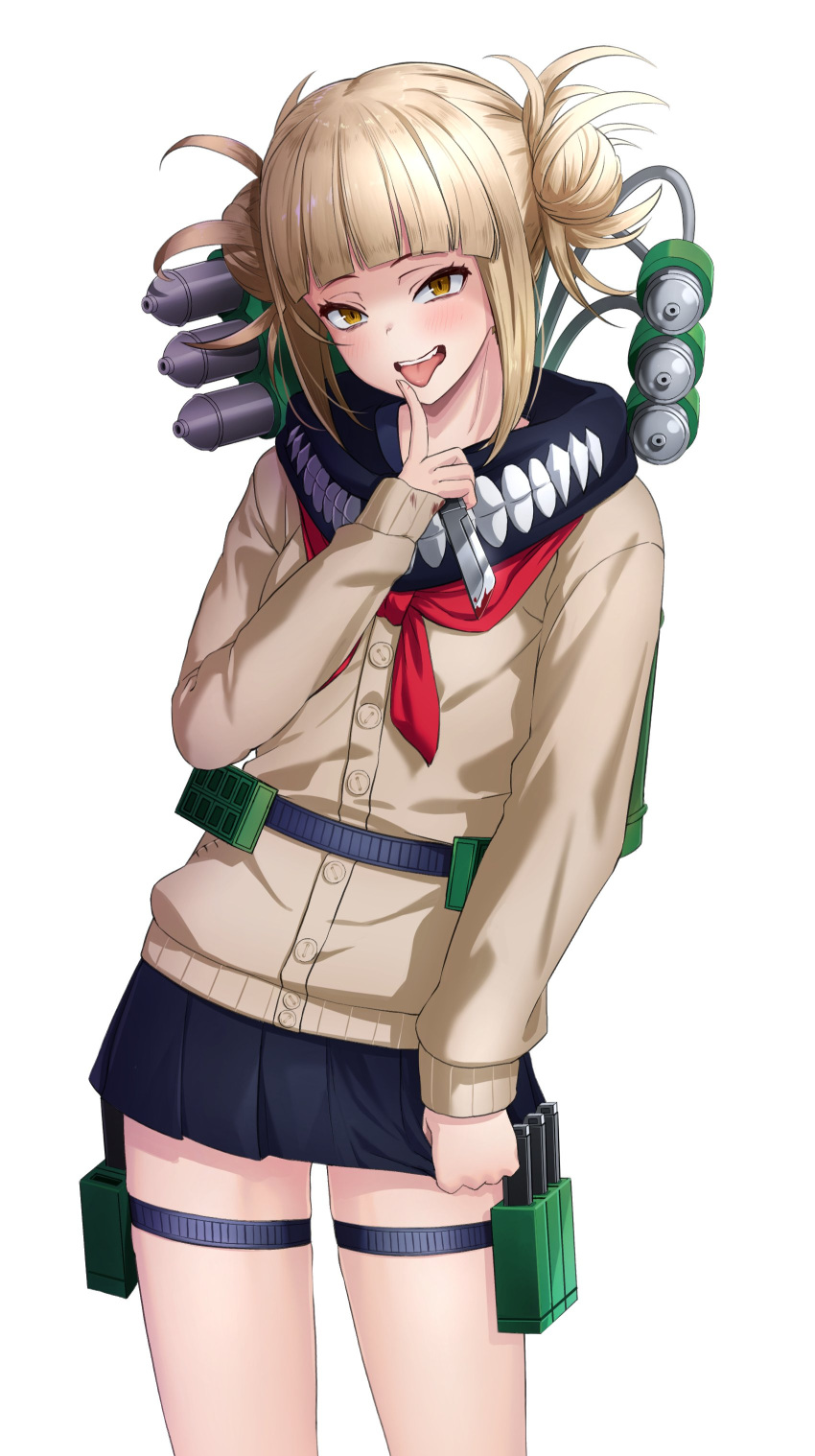 1girl absurdres bangs black_skirt blonde_hair blood blood_on_knife blunt_bangs boku_no_hero_academia brown_eyes cowboy_shot deku_suke double_bun finger_to_mouth highres holding holding_knife holster knife looking_at_viewer miniskirt open_mouth short_hair simple_background skirt solo thigh_holster toga_himiko tongue tongue_out white_background