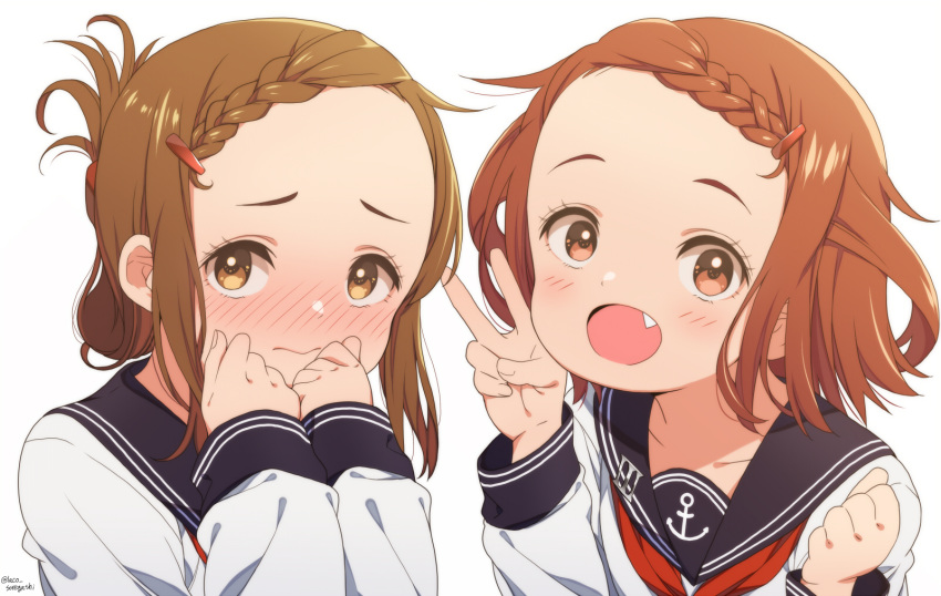 2girls :o alternate_hairstyle anchor_symbol black_sailor_collar blush braid brown_eyes brown_hair clenched_hand closed_mouth commentary_request fang folded_ponytail forehead hair_ornament hairclip highres ikazuchi_(kancolle) inazuma_(kancolle) kantai_collection laco_soregashi long_sleeves looking_at_viewer multiple_boys multiple_girls neckerchief nose_blush open_mouth ponytail red_neckerchief sailor_collar school_uniform serafuku short_hair simple_background twitter_username v white_background