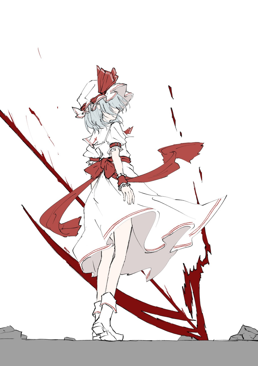 1girl aizettonagi ascot back_bow bow dress from_behind from_below full_body hat hat_ribbon highres light_blue_hair limited_palette mob_cap pointy_ears puffy_short_sleeves puffy_sleeves red_ascot red_bow red_ribbon red_wrist_cuffs remilia_scarlet ribbon sailor_collar shoes short_hair short_sleeves solo spear_the_gungnir standing touhou white_dress white_footwear white_headwear white_sailor_collar wrist_cuffs