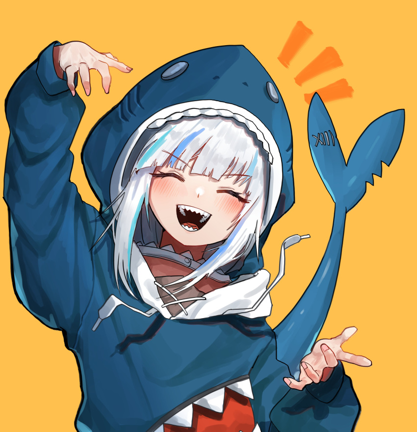 1girl absurdres animal_hood bangs blue_hair closed_eyes eungi eyebrows_visible_through_hair gawr_gura highres hololive hololive_english hood hood_up multicolored_hair open_hands open_mouth pink_nails shark_girl shark_hood shark_tail sharp_teeth smile solo tail tail_raised teeth upper_body virtual_youtuber white_hair yellow_background