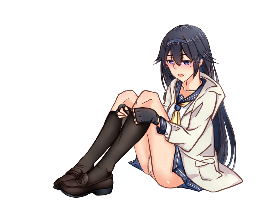 1girl bangs black_gloves black_hair black_legwear blue_skirt blush brown_footwear clothes_pull commentary_request embarrassed eyebrows_visible_through_hair fingerless_gloves full_body girls_frontline gloves haidong hair_between_eyes hairband highres jacket load_bearing_vest long_hair looking_at_viewer mole mole_under_eye on_floor open_mouth panties pantyhose pantyhose_pull school_uniform sick simple_background skirt solo super_sass_(girls'_frontline) underwear violet_eyes white_background