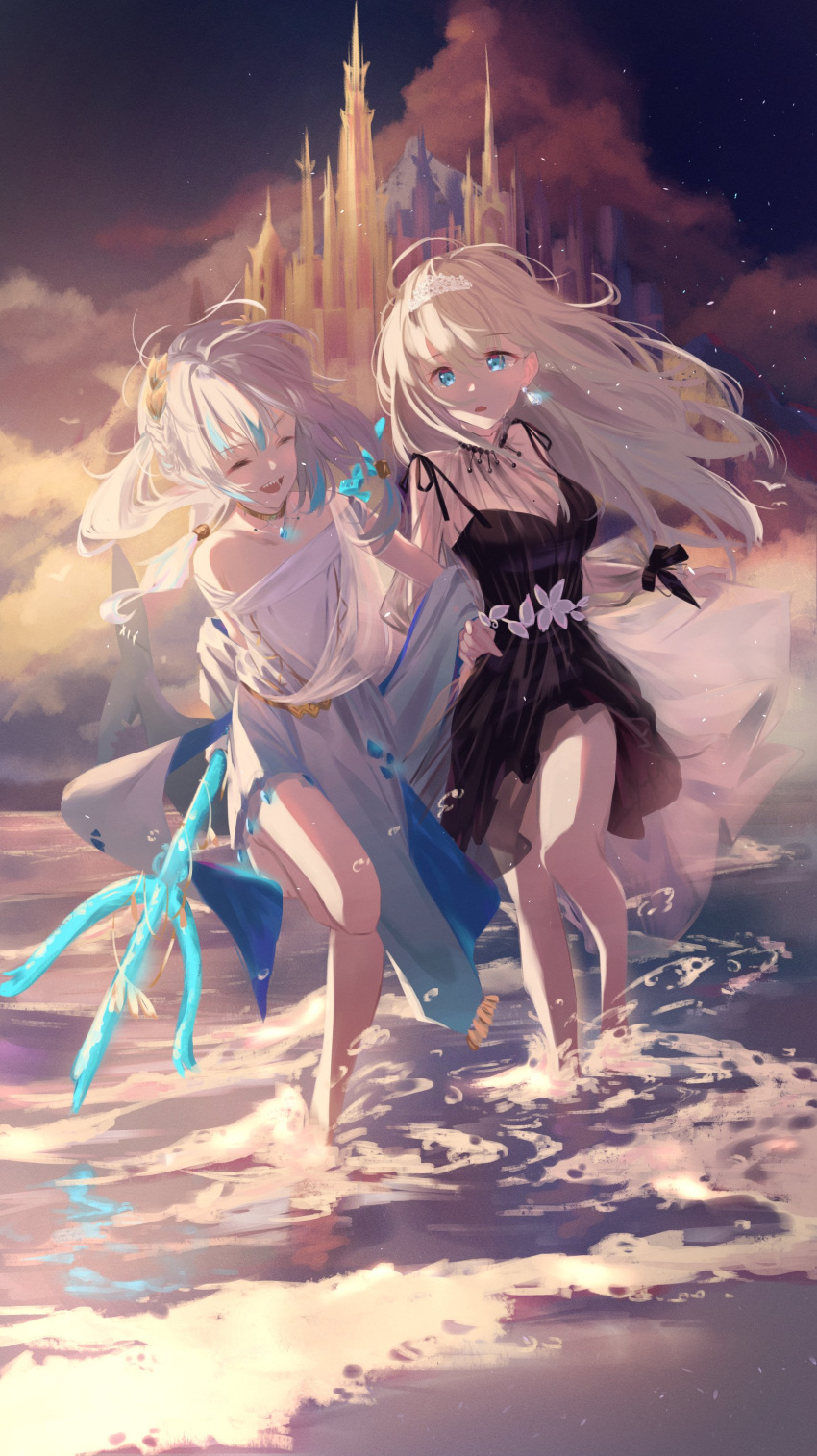 2girls absurdres blonde_hair blue_eyes blush breasts castle dress fish_tail gawr_gura hair_ornament highres hololive hololive_english jewelry long_sleeves mole mole_on_breast multiple_girls open_mouth polearm see-through shark_tail shore sky smile tail timo_wei95 trident virtual_youtuber water watson_amelia weapon