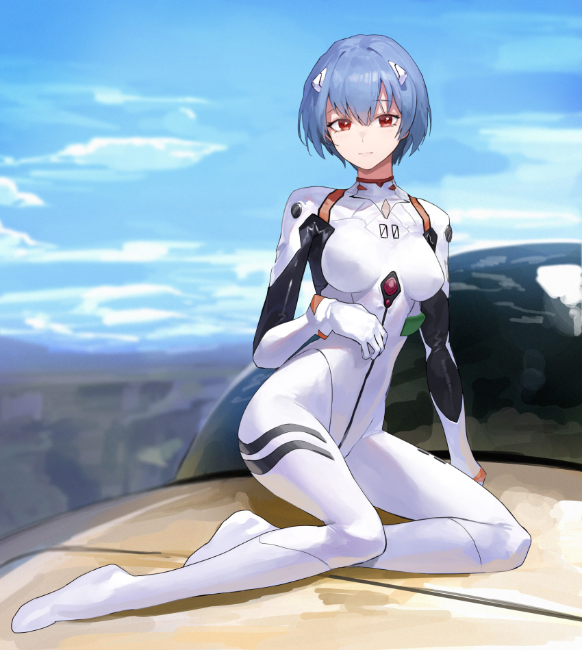 1girl absurdres ayanami_rei blue_hair blue_sky blurry blurry_background bodysuit breasts closed_mouth clouds commentary day english_commentary full_body highres looking_at_viewer mac_star medium_breasts neon_genesis_evangelion outdoors plugsuit red_eyes short_hair sitting skin_tight sky solo white_bodysuit