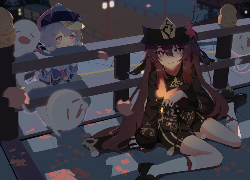2girls absurdres asahiv bridge bug butterfly chinese_clothes closed_eyes flower genshin_impact ghost hat hat_flower highres hu_tao_(genshin_impact) jiangshi leaf long_hair long_sleeves multiple_girls nail_polish night open_mouth outdoors purple_hair qiqi_(genshin_impact) seiza sitting sleeves_past_wrists socks symbol-shaped_pupils talisman top_hat twintails very_long_hair violet_eyes white_legwear