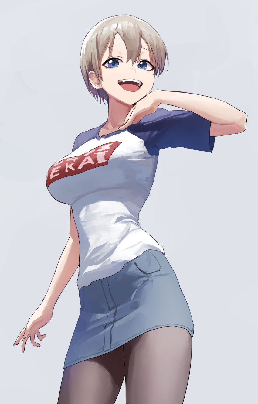 1girl absurdres blue_eyes blue_skirt breasts commentary cowboy_shot english_commentary fang grey_background grey_hair hand_up highres large_breasts looking_at_viewer mac_star open_mouth pencil_skirt shirt short_hair short_sleeves simple_background skirt smile solo sugoi_dekai t-shirt teeth upper_teeth uzaki-chan_wa_asobitai! uzaki_hana white_shirt