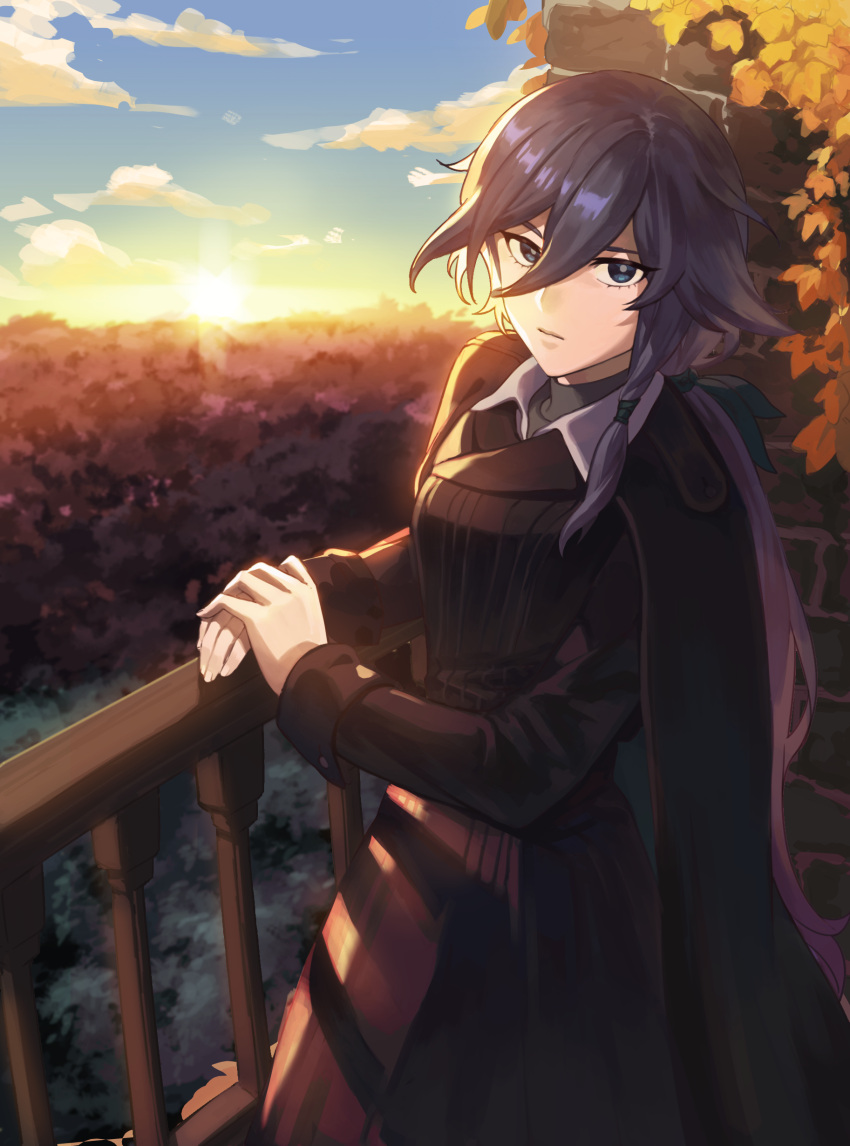 1girl absurdres amyucheu bangs black_coat black_hair blue_eyes blue_sky closed_mouth clouds cloudy_sky coat fu_hua hair_between_eyes highres honkai_(series) honkai_impact_3rd long_hair looking_at_viewer outdoors own_hands_together polo_shirt ponytail scenery sky solo sunset