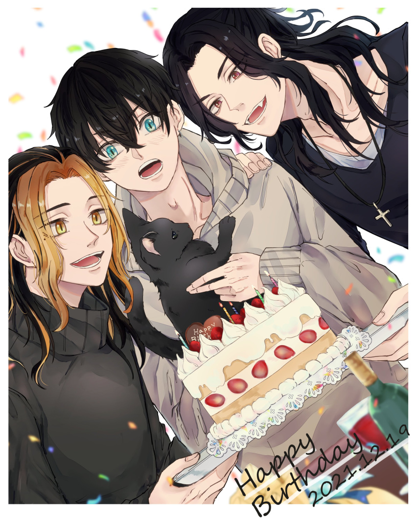 3boys absurdres animal baji_keisuke bangs birthday_cake black_hair black_shirt black_sweater blonde_hair blue_eyes border cake cat cross cross_necklace dated earrings eyes_visible_through_hair food grey_sweater hair_between_eyes hanemiya_kazutora happy_birthday highres holding holding_tray hood hood_down jewelry long_hair long_sleeves male_focus matsuno_chifuyu mole mole_under_eye multicolored_hair multiple_boys necklace open_mouth sanko_(snks2muda) shirt short_hair simple_background single_earring smile sweater tokyo_revengers tray turtleneck turtleneck_sweater two-tone_hair upper_body white_background white_border yellow_eyes