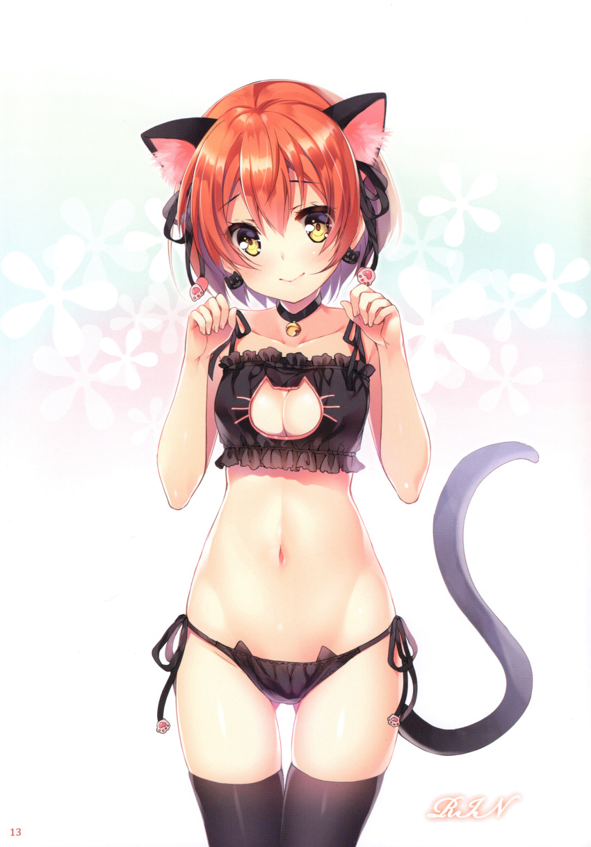 1girl absurdres animal_ear_fluff animal_ears bangs bell black_legwear blush breasts brown_eyes cat_ears cat_tail choker closed_mouth clothing_cutout collarbone earrings eyebrows_visible_through_hair fake_animal_ears fake_tail fingernails frills hands_up head_tilt highres hoshizora_rin jewelry jingle_bell lips looking_at_viewer love_live! love_live!_school_idol_project meme_attire miwabe_sakura navel orange_hair page_number panties paw_pose scan shiny shiny_hair shiny_skin short_hair side-tie_panties simple_background solo stomach tail thigh-highs thighs underwear underwear_only