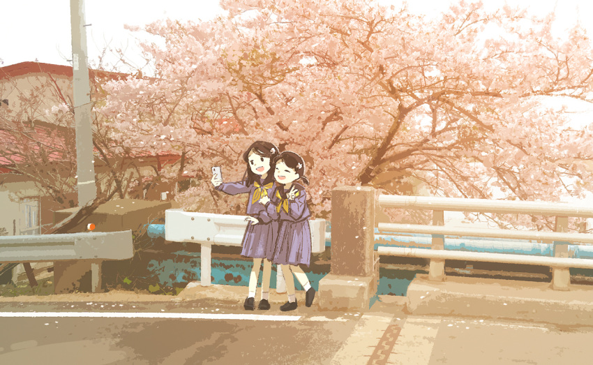 2girls :d ^_^ ^o^ ankle_socks arm_up bangs black_eyes black_footwear black_hair blouse blue_blouse blue_serafuku blue_skirt building cellphone cherry_blossoms closed_eyes day dot_nose from_side hair_ornament hand_up head_tilt holding holding_phone house leg_up loafers locked_arms long_sleeves looking_away low_twintails medium_hair medium_skirt monaka_(siromona) multiple_girls neckerchief open_mouth original outdoors outstretched_arm parted_bangs petals phone pleated_skirt puffy_long_sleeves puffy_sleeves railing road round_teeth sailor_collar scenery school_uniform selfie serafuku shoes short_hair short_twintails skirt smartphone smile socks spring_(season) standing street teeth tile_roof tree twintails upper_teeth utility_pole v white_legwear white_sky wide_shot wind yellow_neckerchief