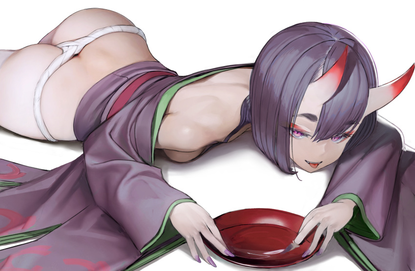 1girl alcohol ass bangs bare_shoulders bob_cut breasts cup eyeliner fate/grand_order fate_(series) fundoshi highres horns japanese_clothes kimono long_sleeves looking_at_viewer lying makeup nyatabe on_stomach oni oni_horns purple_hair purple_kimono revealing_clothes sakazuki sake short_hair shuten_douji_(fate) skin-covered_horns small_breasts solo violet_eyes wide_sleeves