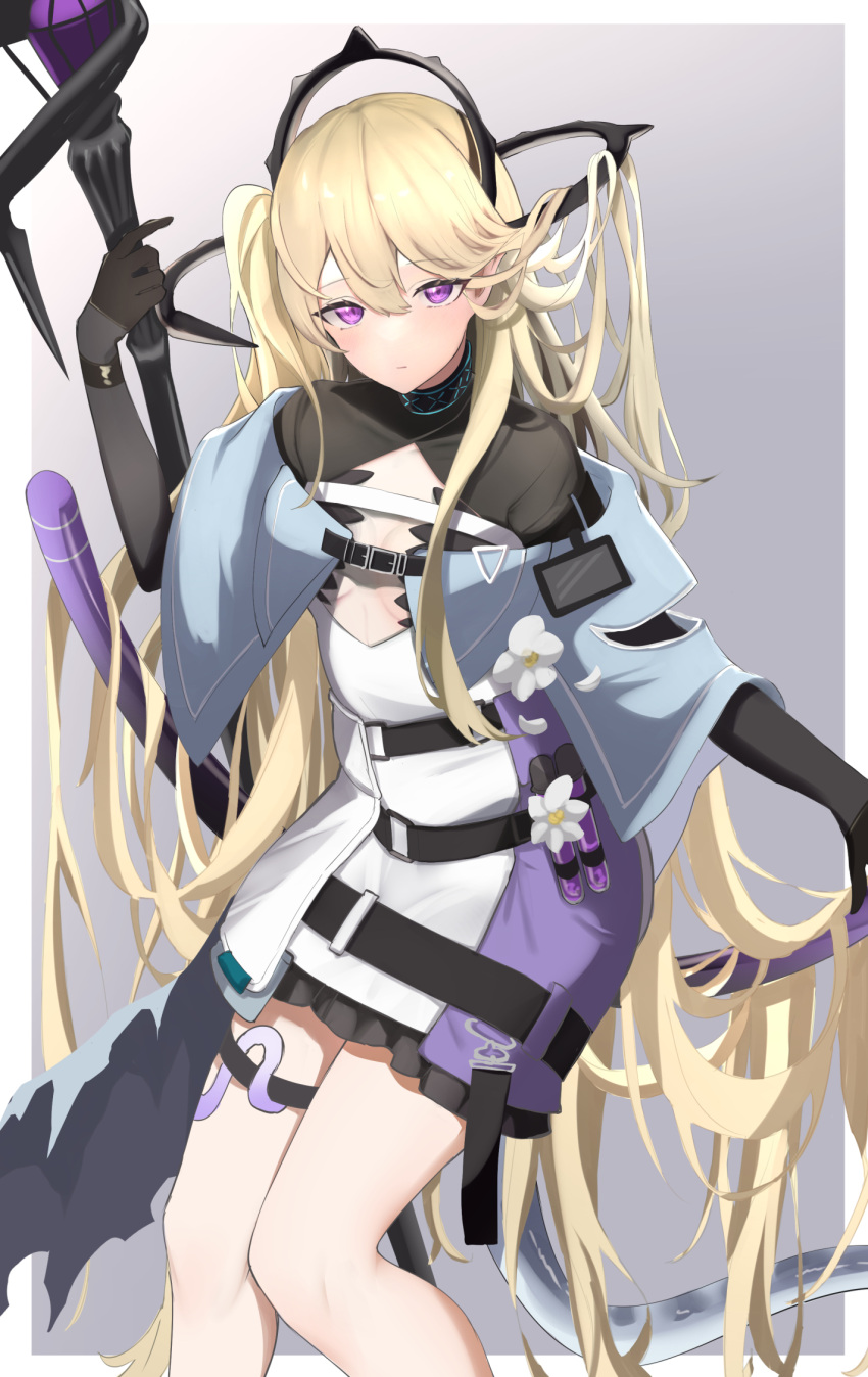 1girl arknights asumi_maboroshi bangs belt black_belt black_gloves blonde_hair dress feet_out_of_frame flower gloves gradient gradient_background grey_background hair_between_eyes highres holding holding_staff indigo_(arknights) long_hair looking_at_viewer short_dress solo staff standing thigh_strap very_long_hair violet_eyes white_flower