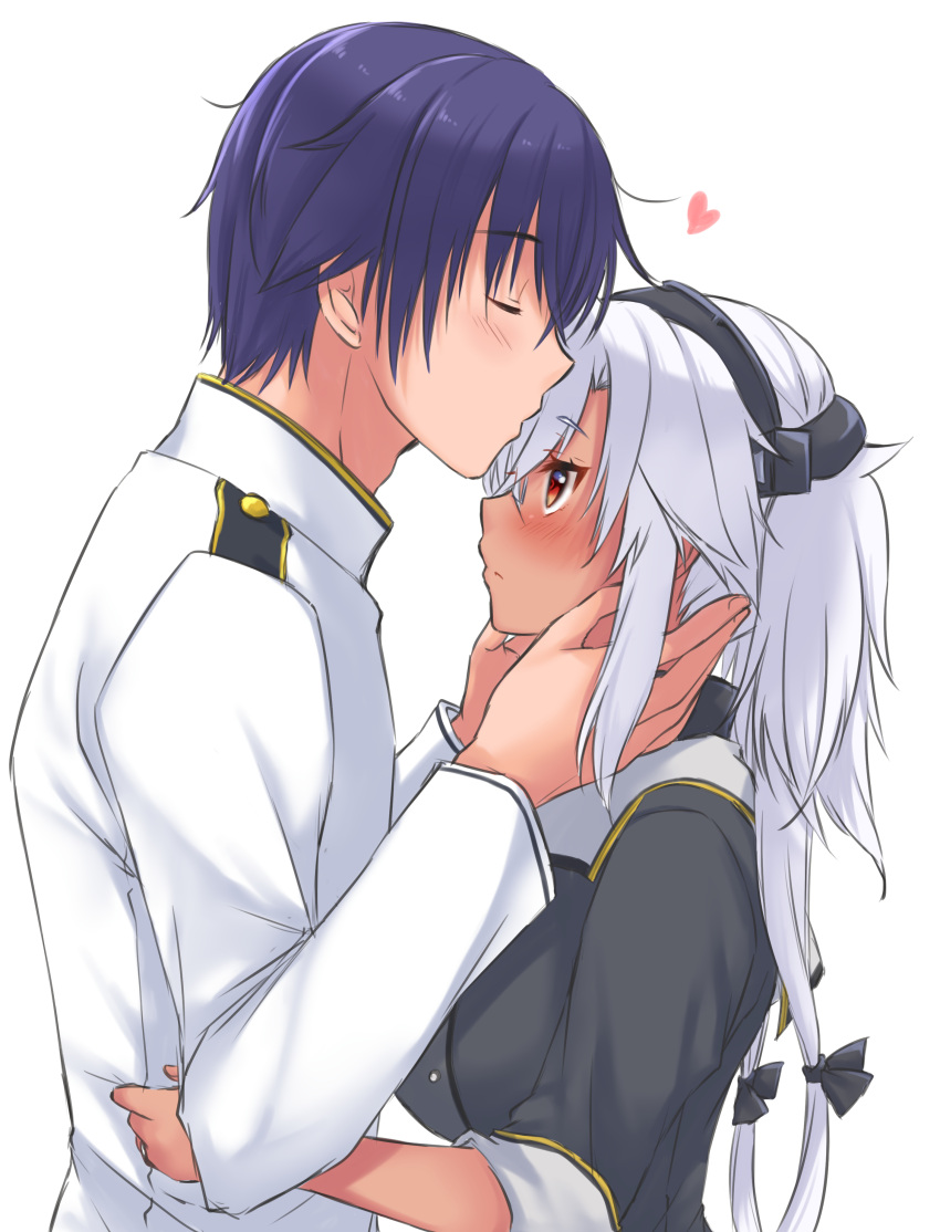1boy 1girl absurdres admiral_(kancolle) blue_hair blush closed_mouth eyebrows_visible_through_hair glasses hair_between_eyes heart highres jewelry kantai_collection kiss kissing_forehead long_hair long_sleeves mashiro_yukiya military military_uniform musashi_(kancolle) naval_uniform red_eyes remodel_(kantai_collection) ring short_hair silver_hair simple_background two_side_up uniform upper_body wedding_band white_background