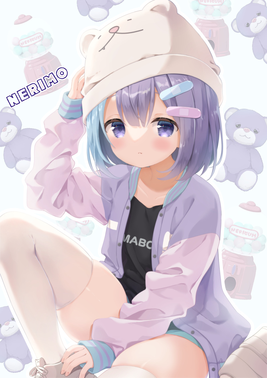 1girl animal_ears arm_up bandaid_hair_ornament beanie bear_ears black_shirt blue_hair blue_shorts brown_footwear commentary_request copyright_request fake_animal_ears feet_out_of_frame hat highres jacket knee_up long_sleeves multicolored_hair neki_(wakiko) open_clothes open_jacket platform_footwear puffy_long_sleeves puffy_sleeves purple_hair purple_jacket shirt shoes short_shorts shorts sitting sleeves_past_wrists solo stuffed_animal stuffed_toy teddy_bear thigh-highs two-tone_hair violet_eyes virtual_youtuber white_background white_headwear white_legwear