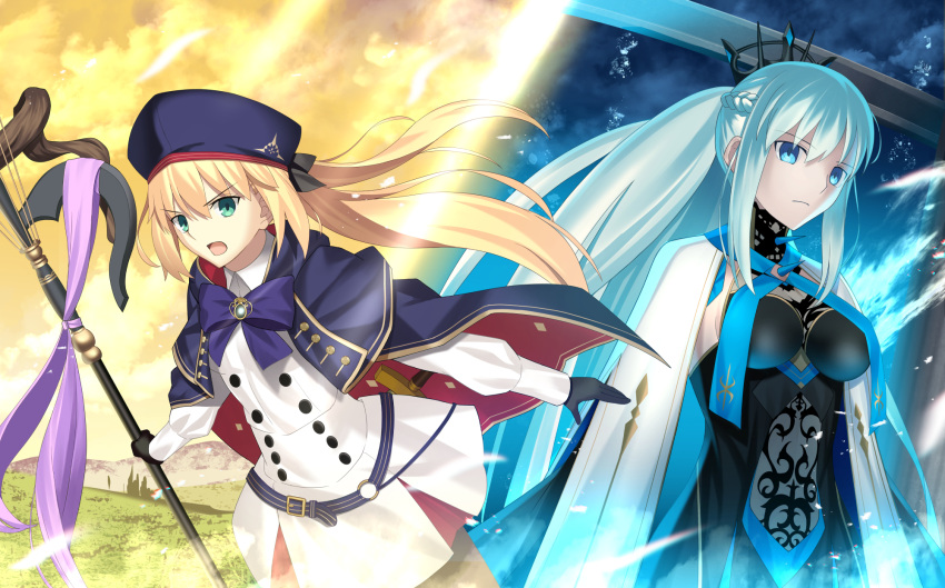 2girls artoria_pendragon_(caster)_(fate) artoria_pendragon_(fate) belt black_bow black_dress blue_belt blue_cape blue_capelet blue_headwear bow braid cape capelet center_opening clothing_cutout dress fate/grand_order fate_(series) french_braid highres holding holding_staff igote light_blue_eyes looking_at_viewer mishiro_(ixtlolton) morgan_le_fay_(fate) multicolored_cape multicolored_capelet multicolored_clothes multiple_girls o-ring_belt platinum_blonde_hair staff stomach_cutout striped_belt two-tone_dress