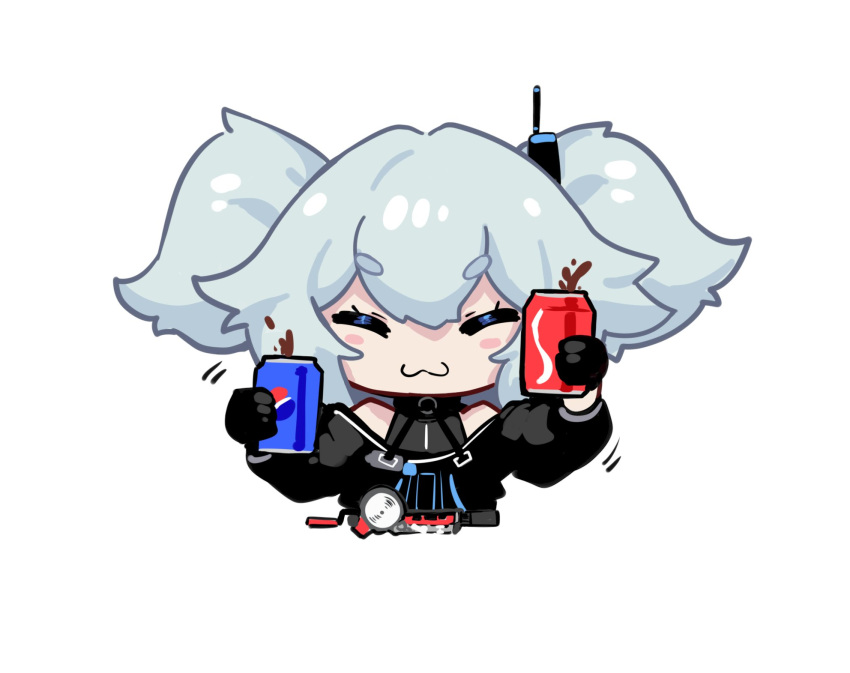 1girl ^3^ bangs blue_hair blush build_driver can chibi coca-cola cosplay crossover drink girls_frontline highres holding kamen_rider kamen_rider_build kamen_rider_build_(cosplay) kamen_rider_build_(series) pa-15_(girls'_frontline) pepsi_nex shanyao_jiang_tororo simple_background soda_can twintails upper_body white_background