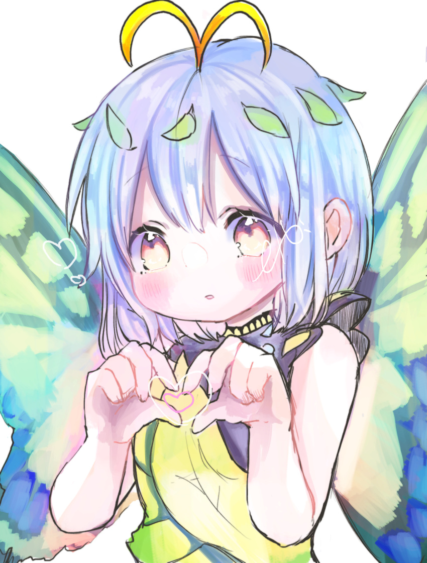 1girl antennae aqua_hair blush butterfly_wings dress eternity_larva eyebrows_visible_through_hair fairy green_dress hair_between_eyes heart heart_hands highres leaf leaf_on_head moni_monico multicolored_clothes multicolored_dress open_mouth orange_eyes short_hair signature simple_background single_strap solo touhou upper_body white_background wings