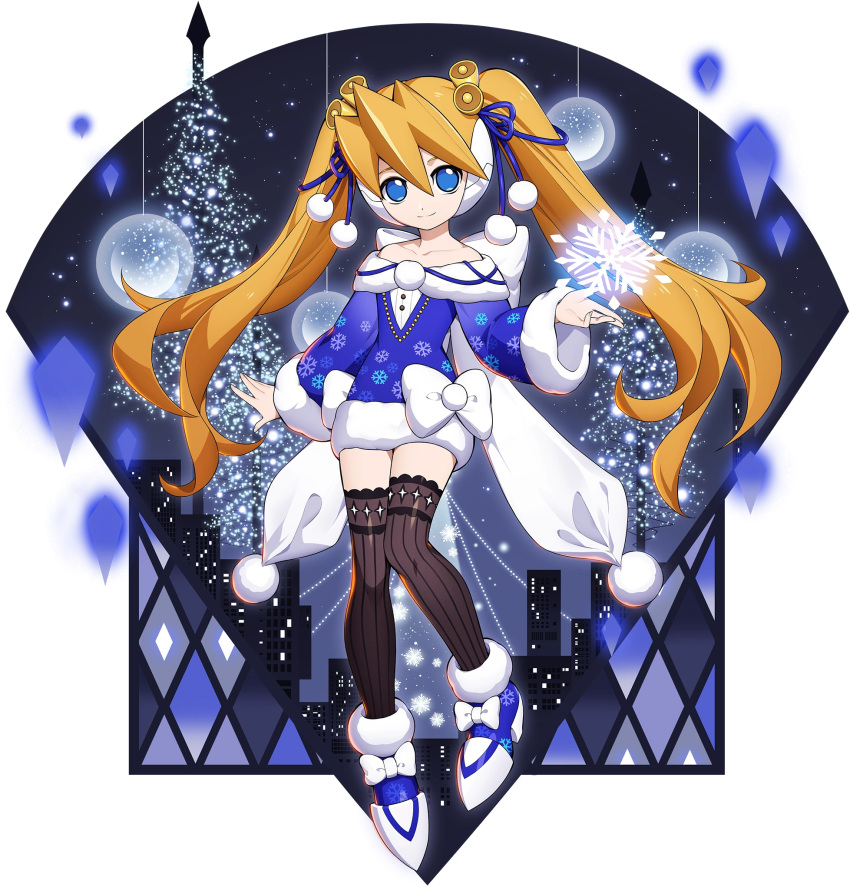 1girl bangs bare_shoulders bell bell_hair_ornament black_legwear blonde_hair blue_dress blue_eyes bow ciel_(mega_man) closed_mouth collarbone detached_sleeves dress flat_chest full_body hair_ornament high_heels highres long_hair long_sleeves looking_at_viewer mega_man_(series) mega_man_x_(series) mega_man_x_dive mega_man_zero mizuno_keisuke non-web_source official_art pom_pom_(clothes) shiny shiny_clothes shiny_hair simple_background smile snowflakes solo strapless strapless_dress thigh-highs tied_hair twintails zettai_ryouiki