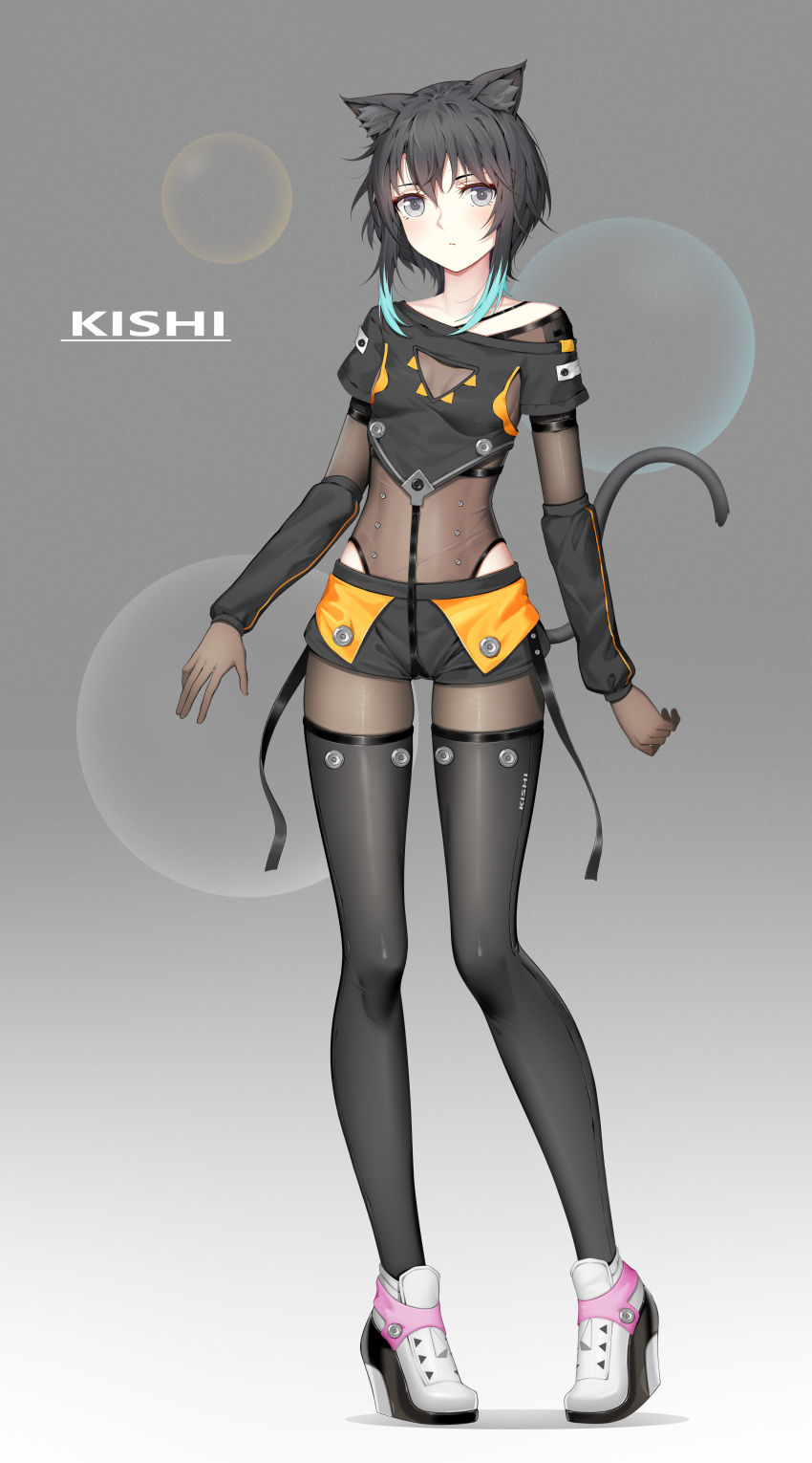 1girl absurdres animal_ears arm_warmers bangs black_hair black_legwear bodystocking breasts cat_ears cat_tail center_opening crop_top grey_eyes highres hip_vent looking_at_viewer original short_hair shorts small_breasts solo sonikey0_0 tail thigh-highs