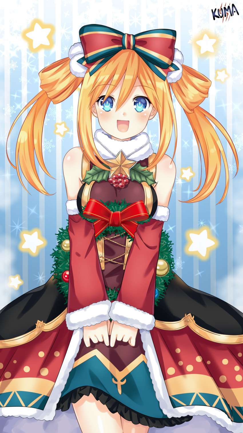 1girl :d absurdres bare_shoulders blue_eyes blush bow breasts christmas christmas_dress christmas_wreath corset detached_sleeves dress frilled_dress frills fur-trimmed_dress fur-trimmed_sleeves fur_trim hair_between_eyes hair_bow hair_rings happy highres layered_dress lewdkuma long_hair medium_breasts mega_miracle_force merry_christmas neptune_(series) official_alternate_costume orange_hair orange_heart own_hands_together pom_pom_(clothes) power_symbol shin_jigen_game_neptune_vii smile solo starry_background symbol-shaped_pupils tennouboshi_uzume twintails