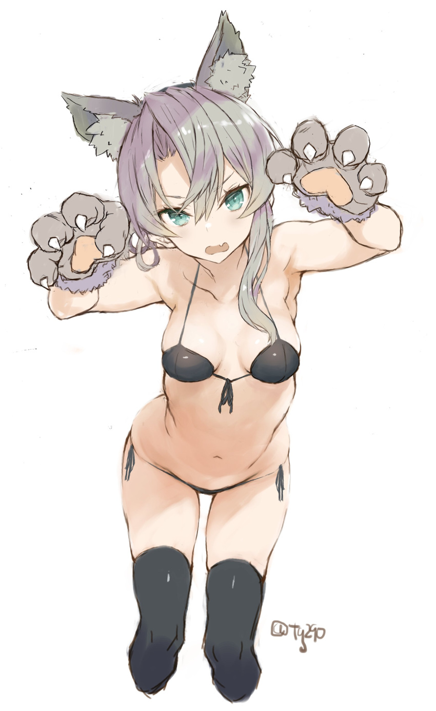 1girl absurdres alternate_costume animal_ear_fluff animal_ears animal_hands asymmetrical_hair bangs bikini black_bikini black_legwear blue_eyes blush breasts cropped_legs fang gloves grey_hair hair_between_eyes highres kantai_collection looking_at_viewer medium_breasts nowaki_(kancolle) one-hour_drawing_challenge open_mouth paw_gloves paw_pose ryo_(tg290) side-tie_bikini simple_background skin_fang solo swimsuit thigh-highs white_background