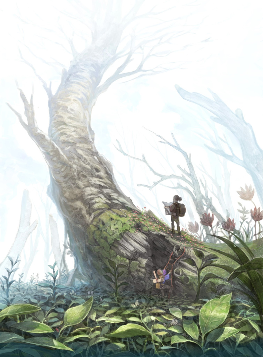 2others ambiguous_gender backpack bag brown_hair commentary_request day flower giant_tree highres holding in_tree long_sleeves mikan_yuzuko multiple_others nature original pants ponytail reading rope_ladder scenery scroll standing tree