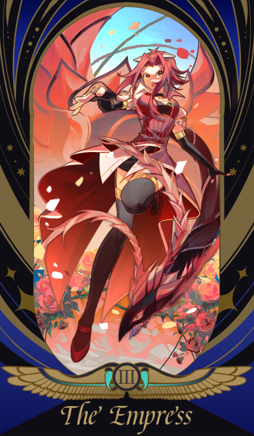 1girl absurdres black_rose_dragon border breasts duel_monster english_text flower foreshortening full_body highres izayoi_aki long_hair looking_at_viewer petals redhead roman_numeral rose sidelocks solo_focus ssbaby tarot the_empress_(tarot) thigh-highs yu-gi-oh! yu-gi-oh!_5d's