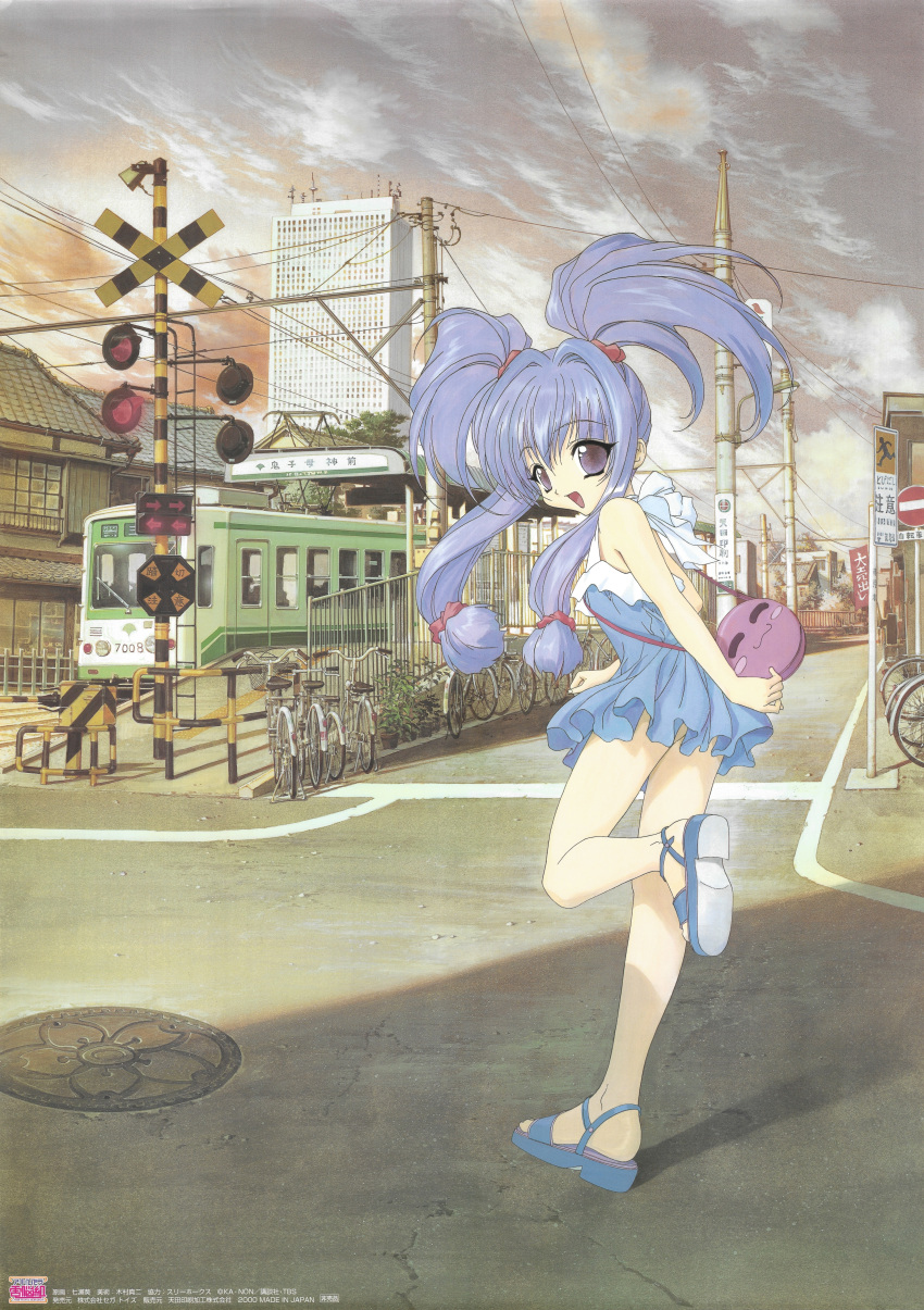 1990s_(style) 1girl absurdres akihabara_dennou_gumi bag bangs blue_dress blue_eyes blue_footwear blue_hair city day dress eyebrows_visible_through_hair handbag highres long_hair official_art ootorii_tsubame open_mouth outdoors poster_(medium) retro_artstyle road sandals scan short_dress sidelocks solo street sundress twintails