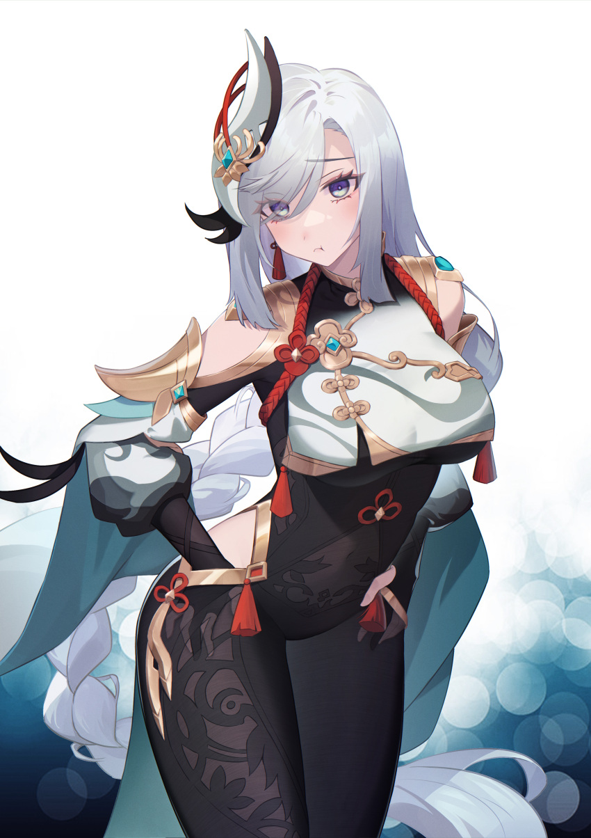 1girl absurdres black_legwear blue_eyes bodysuit braid braided_ponytail breasts bridal_gauntlets capelet chinese_clothes chinese_commentary closed_mouth covered_navel eyes_visible_through_hair genshin_impact gold_trim hair_ornament hair_over_one_eye hand_in_pants heiyizhushenxia highres hip_vent large_breasts long_hair pout raised_eyebrows shenhe_(genshin_impact) silver_hair solo tassel very_long_hair