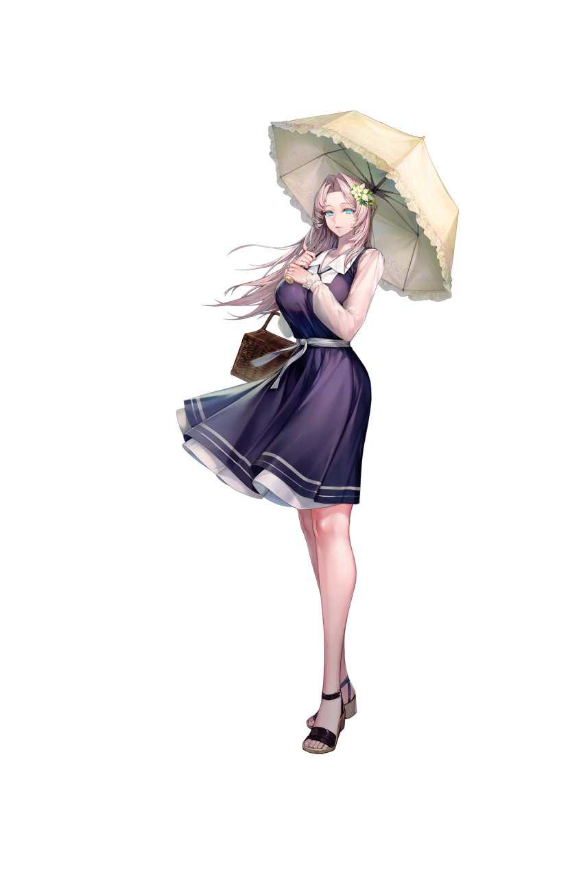 1girl absurdres aqua_eyes basket blue_dress dress flower full_body hair_flower hair_intakes hair_ornament highres jam_(nandade) last_origin long_hair looking_at_viewer mnemosyne_(last_origin) official_art silver_hair solo tachi-e umbrella wedge_heels