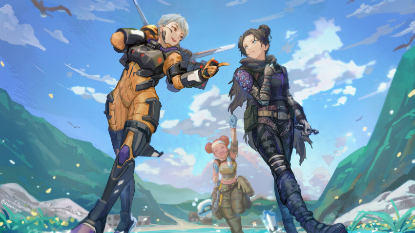 &gt;_&lt; 3girls animification apex_legends asukayou black_hair blue_eyes blue_gloves bodysuit boots breasts brown_pants brown_tank_top clenched_hands clouds d.o.c._health_drone dark-skinned_female dark_skin double_bun english_commentary gloves hair_behind_ear hair_bun headband highres holding holding_knife jetpack knife lake lifeline_(apex_legends) looking_at_viewer medium_breasts metal_boots mixed-language_commentary mountain multiple_girls orange_bodysuit pants parted_lips pointing robot running short_hair sky smile tank_top thigh-highs thigh_boots valkyrie_(apex_legends) white_headband wraith's_kunai wraith_(apex_legends)