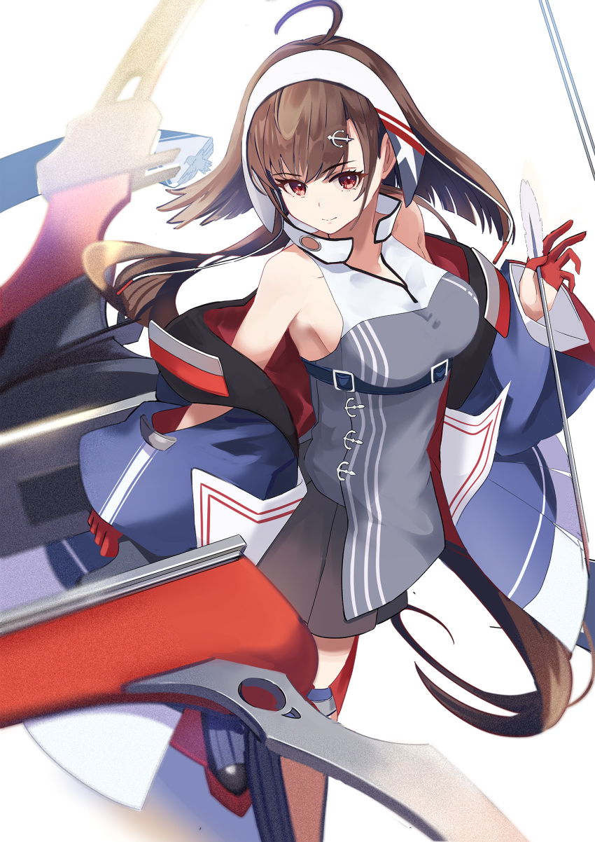 1girl ahoge anchor_hair_ornament arrow_(projectile) azur_lane blue_footwear blue_jacket boots breasts brown_hair dress eyebrows_visible_through_hair from_above gloves grey_dress hair_ornament half_gloves highres holding holding_arrow independence_(azur_lane) jacket knee_boots manjirou_(manji_illust) medium_breasts off-shoulder_jacket off_shoulder red_eyes red_gloves rigging rudder_footwear short_hair_with_long_locks simple_background sleeveless sleeveless_dress solo standing white_background