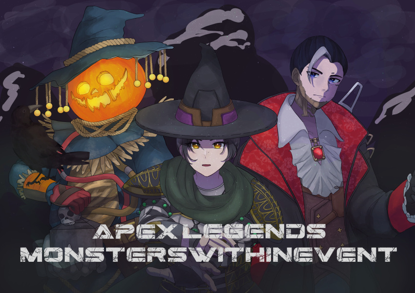 1boy 1girl 1other absurdres animal_on_arm animification apex_legends arisyooon bird bird_on_arm black_hair black_headwear bloodhound_(apex_legends) blue_eyes blue_headwear brown_eyes clenched_hand copyright_name crow crypto_(apex_legends) deadly_byte_crypto emerald_enchantress_wraith gloves green_scarf grey_hair hair_slicked_back hat highres jack-o'-lantern multicolored_hair official_alternate_costume protector_of_the_patch_bloodhound red_gloves scarf streaked_hair vampire witch witch_hat wraith_(apex_legends)