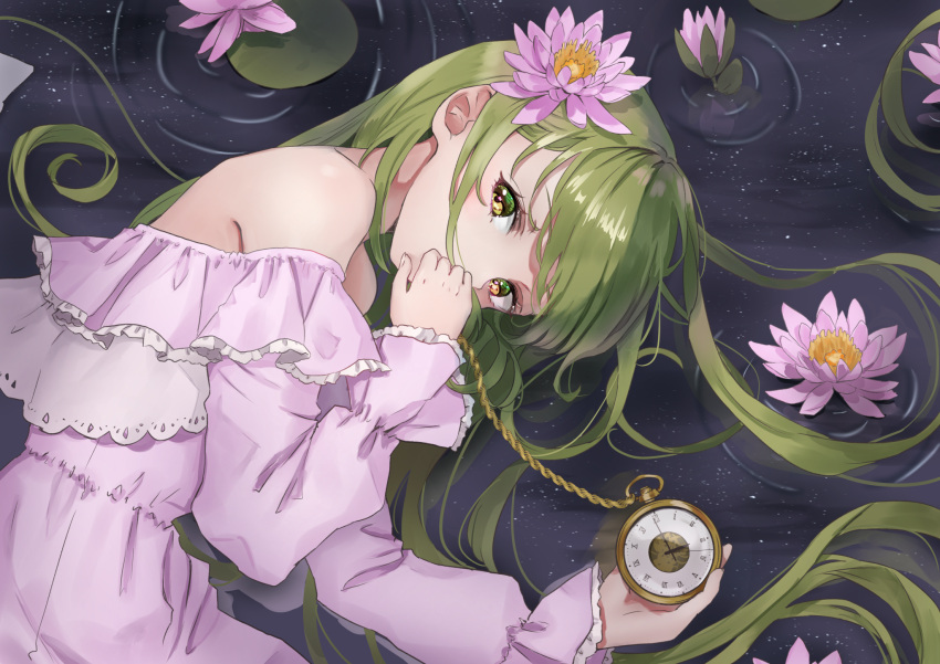 1girl bangs bare_shoulders chain clock_hands commentary_request dress eyelashes flower frilled_sleeves frills gold_chain green_eyes green_hair hair_flower hair_ornament highres holding kazami_yuuka kazami_yuuka_(pc-98) long_hair long_sleeves looking_at_viewer lotus lying off-shoulder_dress off_shoulder on_side pink_dress pink_flower pocket_watch ripples roman_numeral shiny shiny_hair shironeko_yuuki sidelocks sleepwear solo swept_bangs touhou touhou_(pc-98) watch water