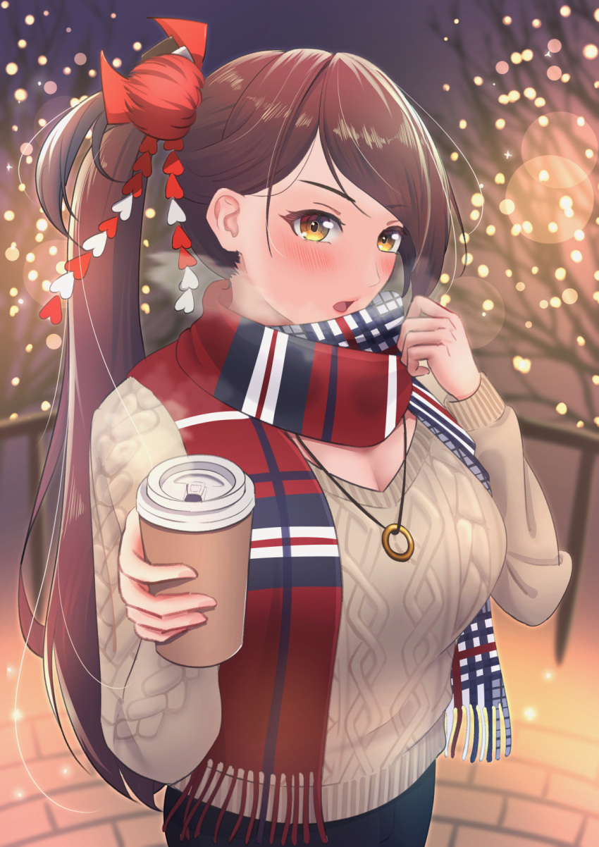 1girl alternate_costume azur_lane beige_sweater blurry blurry_background blush breasts brown_hair casual coffee_cup cup disposable_cup flower hair_flower hair_ornament high_ponytail highres holding holding_cup jewelry juuichiban large_breasts long_hair looking_at_viewer necklace open_mouth outdoors red_flower red_scarf scarf solo standing very_long_hair yellow_eyes zuikaku_(azur_lane)