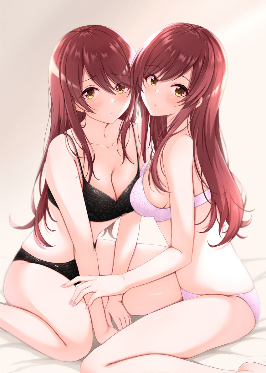 2girls ass back bangs bare_shoulders blush bra breasts brown_eyes brown_hair closed_mouth cover cover_page doujin_cover flower gradient gradient_background hair_between_eyes hair_flower hair_ornament idolmaster idolmaster_shiny_colors interlocked_fingers long_hair looking_at_viewer medium_breasts multiple_girls namidako navel oosaki_amana oosaki_tenka open_mouth pink_background pink_bikini smile swimsuit thighs