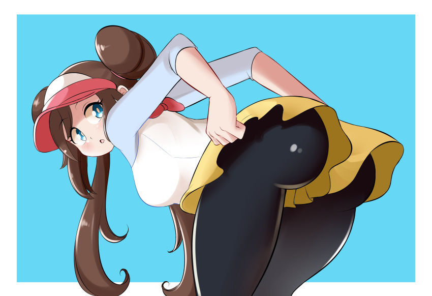 absurdres black_legwear blue_eyes bow brown_hair double_bun doughnut_hair_bun highres legwear_under_shorts long_hair lucyfer pantyhose pink_bow pokemon pokemon_(game) pokemon_bw2 raglan_sleeves rosa_(pokemon) short_shorts shorts twintails very_long_hair visor_cap yellow_shorts