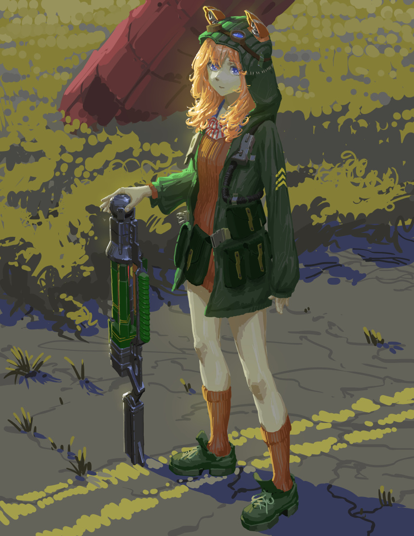 1girl absurdres aer9_laser_rifle animal_ears blue_eyes cat_ears coat cracked_street dalu0831 dress energy_gun fallout_(series) fallout_4 goggles goggles_on_head grass green_coat green_footwear green_hood highres laser_rifle mechanical_ears orange_hair orange_legwear orange_sweater original pouch solo standing sweater sweater_dress weapon