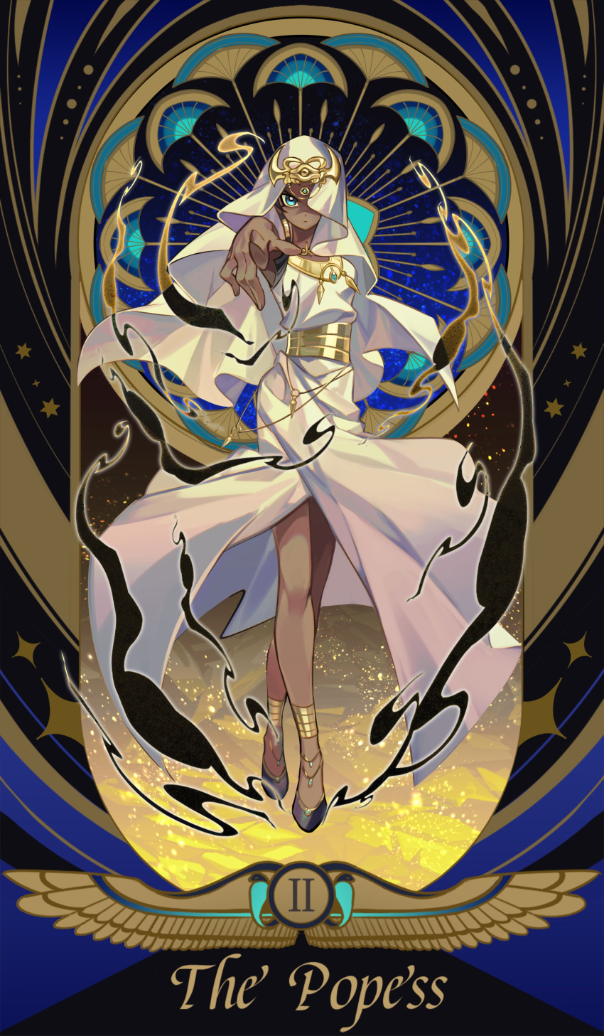 1girl absurdres armlet black_hair blue_eyes border breasts dark-skinned_female dark_skin dress duel_monster egyptian english_text full_body highres ishizu_ishtar looking_at_viewer millennium_necklace pointing pointing_at_viewer roman_numeral sleeveless sleeveless_dress solo ssbaby tarot the_high_priestess_(tarot) yu-gi-oh! yu-gi-oh!_duel_monsters