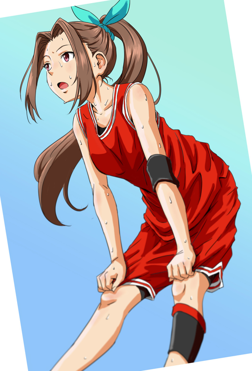 1girl armband basketball basketball_uniform blue_background blurry brown_hair dripping from_above hand_on_hip idolmaster_cinderella_girls long_hair looking_at_another nagisa_aino nape pink_eyes ponytail red ribbon sleeveless sleeveless_shirt sport sportswear sweat tired