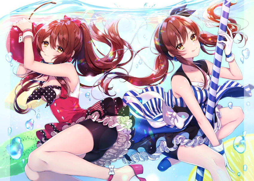 2girls absurdres black_hairband blue_dress blue_footwear bow brown_hair cherry commentary_request dress earrings food frilled_dress frills fruit gloves hair_bow hairband high_heels high_ponytail highres ice ice_cube idolmaster idolmaster_shiny_colors jewelry lime_slice long_hair looking_at_viewer miniskirt multiple_girls oosaki_amana oosaki_tenka orange orange_slice red_bow red_dress red_footwear red_nails short_dress siblings sisters skirt sleeveless sleeveless_dress twins twintails usano white_gloves wrist_cuffs yellow_eyes