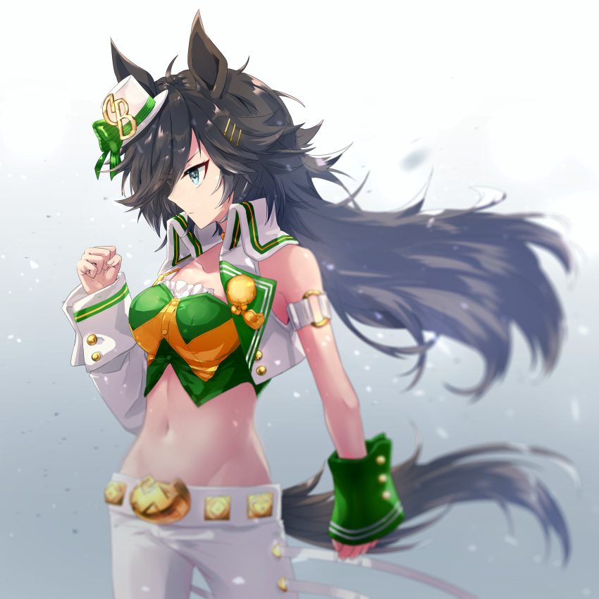 1girl absurdres ahoge animal_ears arm_strap bangs bare_shoulders black_hair blue_eyes blurry breasts choker clenched_hands closed_mouth collarbone commentary_request cowboy_shot cropped_jacket depth_of_field floating_hair green_bandeau groin hair_between_eyes hair_ornament hairclip hand_up hat highres horse_ears horse_girl horse_tail jacket long_hair looking_to_the_side medium_breasts midriff mini_hat mini_top_hat mr._c.b._(umamusume) navel norun_(ru-on) o-ring open_clothes open_jacket pants partial_commentary profile sidelocks simple_background single_sleeve sleeve_cuffs solo standing tail top_hat umamusume white_headwear white_jacket white_pants wrist_cuffs yellow_choker