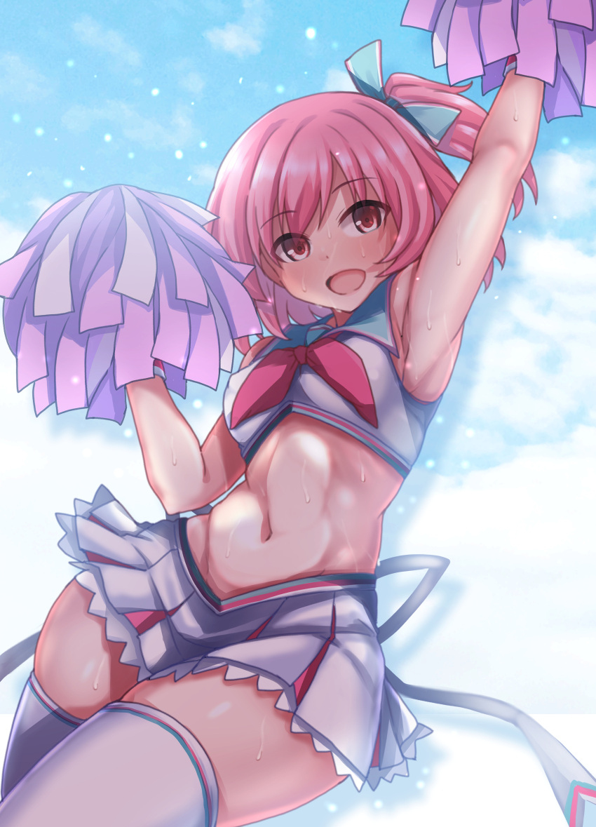 1girl :d absurdres aqua_bow aqua_sailor_collar arm_up armpits assault_lily bangs bare_shoulders blue_sky bow breasts cheerleader clouds commentary_request cowboy_shot crop_top day eyebrows_visible_through_hair hair_bow hand_up highres hitotsuyanagi_riri holding holding_pom_poms light_particles looking_at_viewer medium_breasts midriff miniskirt navel neckerchief official_alternate_costume one_side_up open_mouth outdoors outstretched_arm pink_eyes pink_hair pink_neckerchief pleated_skirt pom_pom_(cheerleading) sailor_collar shirt short_hair skirt sky sleeveless sleeveless_shirt smile solo standing stomach sweat thigh-highs white_legwear white_shirt white_skirt wide_hips yunodon_(sugar_maple) zettai_ryouiki