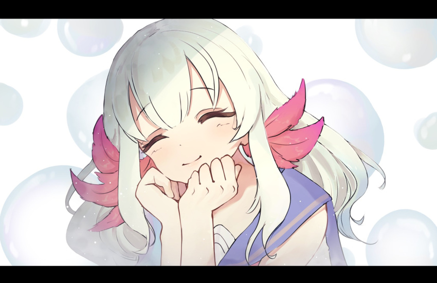1girl axolotl_girl bangs blue_hair blush bubble clenched_hands english_commentary eyebrows_visible_through_hair gradient_hair hands_on_own_chin highres lee_on letterboxed long_hair multicolored_hair nijisanji nijisanji_kr portrait silver_hair smile solo vinty_(einstein_chan) virtual_youtuber white_background